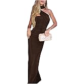 GORGLITTER Women's Halter Bodycon Maxi Dresses Ruched Wedding Guest Dress Sleeveless Prom Cocktail Dress with Scarf