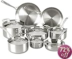 Lagostina Q555SD Axia Tri-Ply Stainless Steel Dishwasher Safe Oven Safe Cookware Set, 13-Piece, Silver