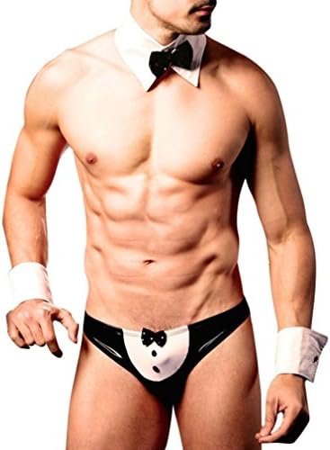YIWULA Sexy Men Mankini Thong Waiter Costume Cosplay Lingerie Bow Tie Underwear Set (A)
