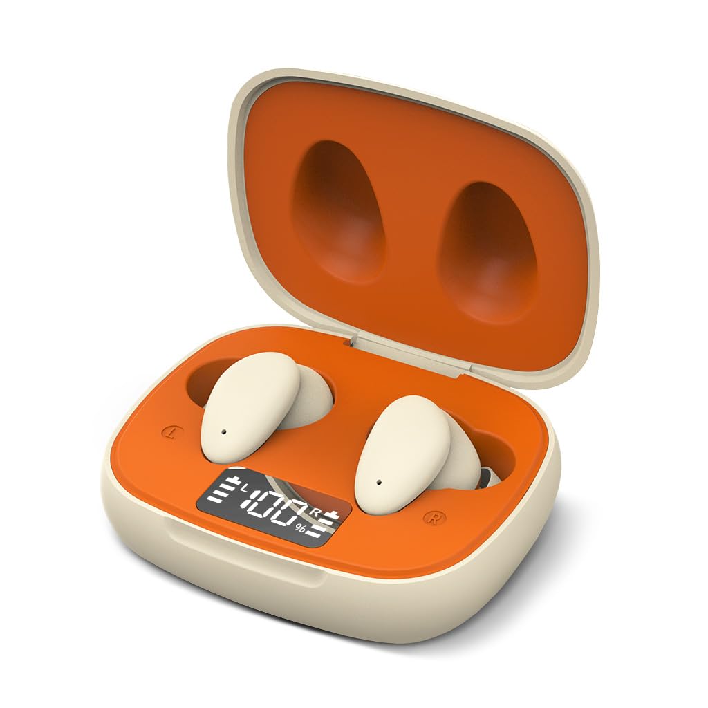 Clan N1 - Active Noise-Canceling Wireless Earbuds for Music & Calls, Bluetooth Earphones While Commuting with Hybrid ANC, Cute Bluetooth Headphones with Built-in Controls, Orange & Beige