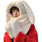 Women Cute Rabbit Ear Plush Beanie Cap Outdoor Fluffy Bunny Hat Scarf Set Indoor Warm Thick Fleece Animal Hoodie