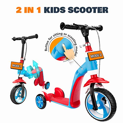 Verkstar Kick Scooter for Kids Toddlers Girls Boys, 2 in 1 Kids Scooter with Handbrake, Adjustable Handle, Extra-Wide Deck, The Latest Outdoor Toys for Kids Activities (Red & Blue)