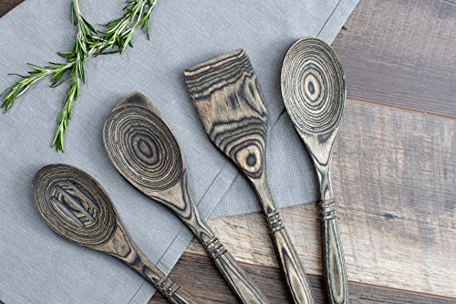 Exotic Pakka Wood 12-inch Stirring Spoon Set with Standard Spoon, Slotted Spoon, Corner Spoon, and Straight-Edge Spatula - Versatile with Durable Lightweight Material - By Crate Collective (Beechnut)