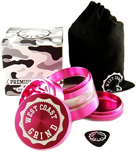 West Coast Grind Grinders–Premium 4 Piece with pollen catcher -2.5 inches deep - BONUS: converts to a Pocket Grinder - Tobacco Spice Herb Weed Grinder– Innovative clear chamber