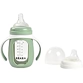 BEABA 2-in-1 Glass Baby Bottle to Glass Transition Sippy Cup, Spill Proof Sippy Cup, Toddler Baby Bottle with Soft Silicone Nipple and Spout, 7 oz (Sage)