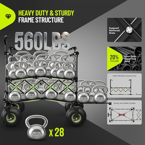 Hikemoon Double Decker Beach Wagon with 10" Big Balloon Wheels for Sand, 54'' Extra Long 560LBS Heavy Duty Wagons Carts Foldable, 400L Large All-Terrain Collapsible Folding Cart for Outdoors, Black