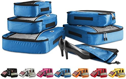 6 Piece Packing Cube Set - Variety of Sizes Luggage Organizer Bags for Travel, Nylon Mesh with Zipper - Includes Shoe Bag - by NDX Global, Blue color