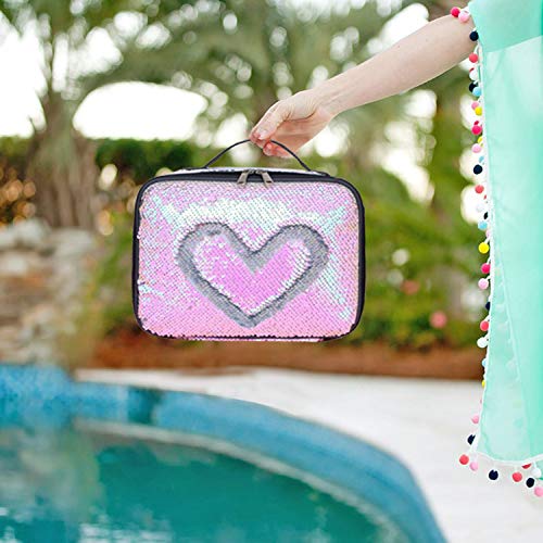Manicer Sequin Lunch Box, Insulated Sparkle Lunch Bag Flip Color Change Reversible Fashion Lunch Tote, Ideal for Girls, Women and Kids - Laser Silver + Pink