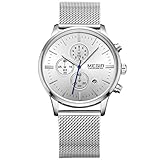 Megir Men's Classic Waterproof Chronograph Quartz Watches Stainless Steel Mesh Strap Stop Wristwatch for Man Silver
