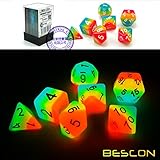 Bescon Fantasy Rainbow Glowing Polyhedral Dice 7pcs Set Midnight Candy, Luminous RPG Dice Set Glow in Dark, Novelty DND Game Dice d4 d6 d8 d10 d12 d20 d% in Brick Box