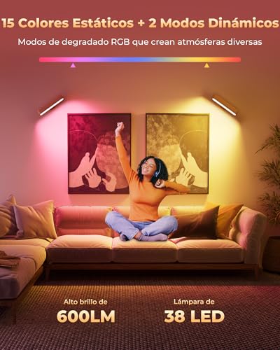 Ufanore Lampara de Pared, Juego de 2 Apliques de Pared Recargable y Inalámbricas, Madera LED Iluminación de Pared Magnético 360° con Control Remoto y Táctil, 3 CCT, 5 Niveles 15 Colores RGB, Nogal