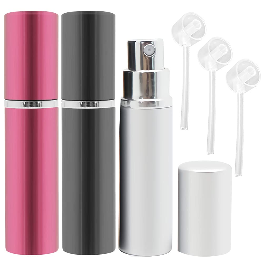 ZHIYE Perfume Atomiser Spray Bottle, 3 Pieces 5 ml Refillable Refilling Travel Size Perfume Bottles in Pocket & Handbag Black & Pink & Silver