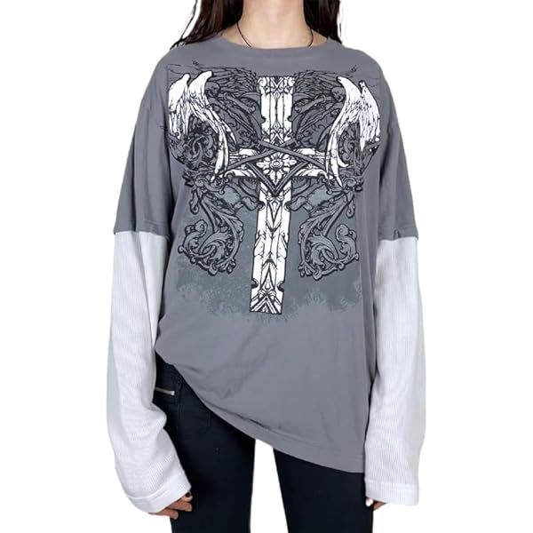 Harajuku Long Sleeve Shirts for Women Y2K Baggy Shirt Punk Goth