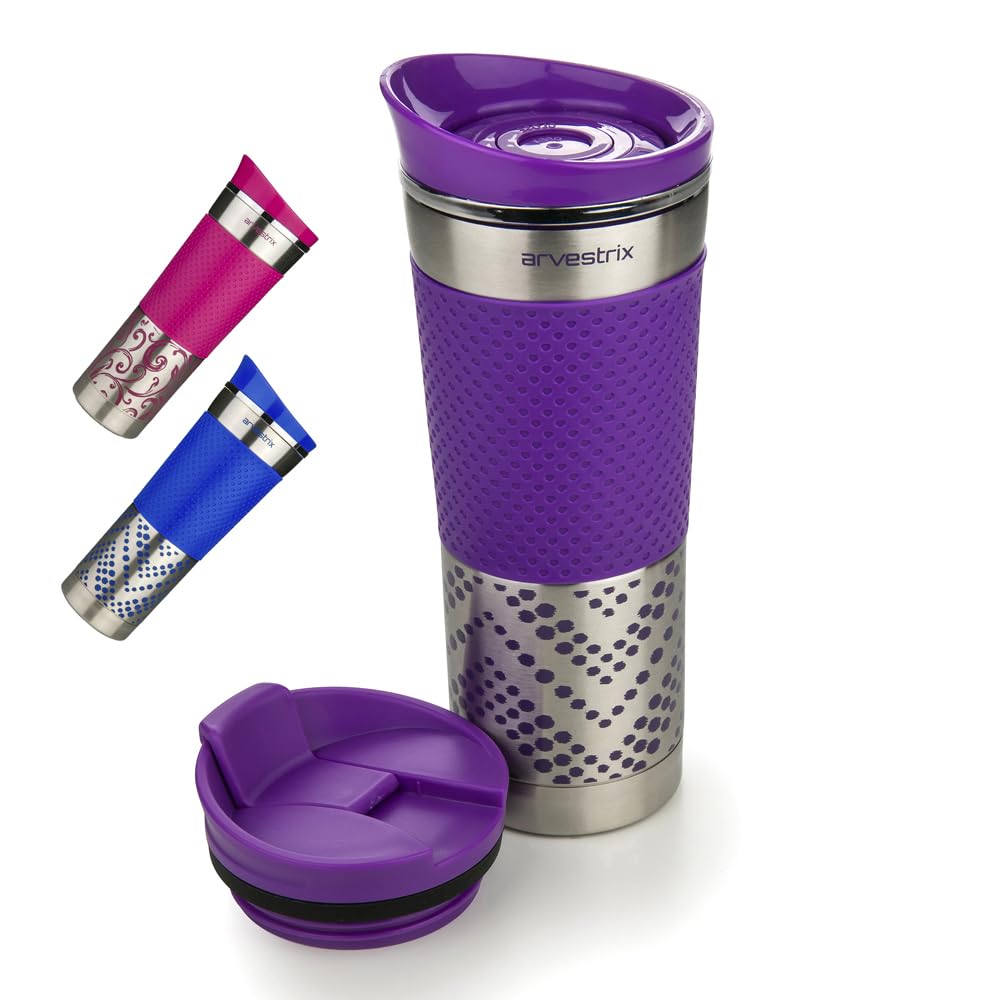 Arvestrix Travel Mug 450ml – Insulated Stainless Steel Coffee Cup, Leakproof Double-Walled Reusable Flask, Keeps Drinks Hot or Cold, Cup Holder Friendly (Purple)