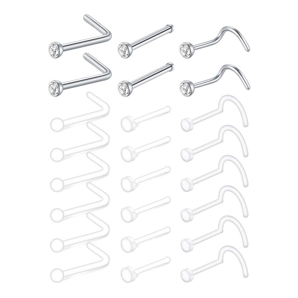 Mayhoop 24 Pcs Clear Nose Studs 22G Bioflex Retainers Acrylic & Stainless Steel CZ Flexible Nose Retainers Studs L Shaped Nose Rings Bone Pin Nose Studs Screw For School Work
