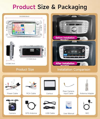 6G+128G 8 Core Wireless Carplay Android Car Radio for Ford Focus II MK2 Mondeo S-Max C-Max Galaxy 7 Pollici Car Radio Android Auto GPS WiFi Mirror Link Bluetooth FM/RDS/DSP/SWC Telecamera Posteriore