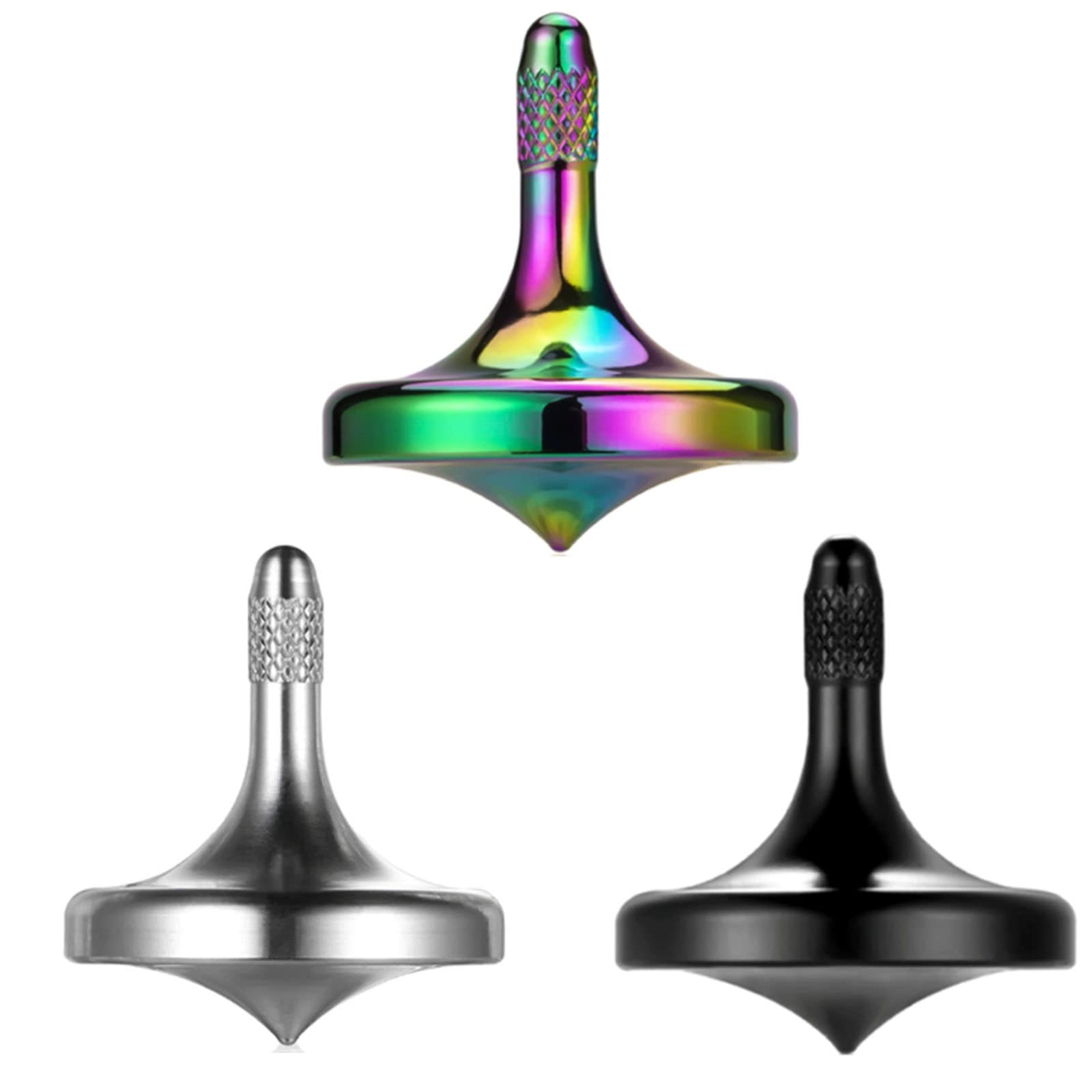 Precision Metal Spinning Top, Well Made Stainless Steel Adult EDC Toy, Perfect Balance Easy to Use Kill Time Efficiently, Long Spin Time Exceed 5 Minutes (3PCS Black+Silver+Iridescent)