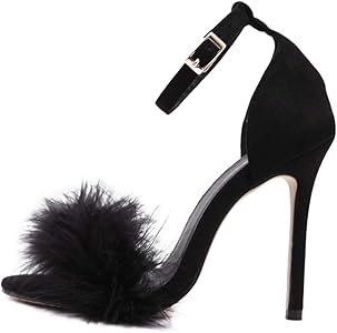 black fluffy block heels