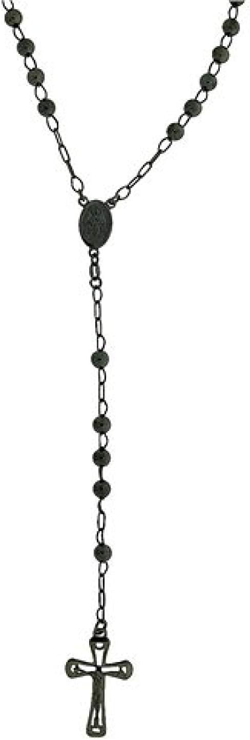 TOC Sterling Silver Ruthenium Finish 22gr Crucifix Rosary Bead Necklace 25"