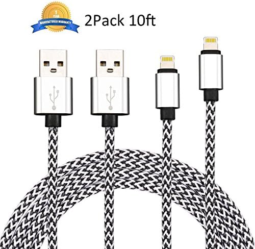 NEXCABLE 2Pack Extra Long 10FT 8 Pin Lightning to USB Charger Sync &amp; Charging Cable Cord Compatible with iPhone 7/7 Plus/6s/6s Plus/6/6 Plus/5s/5c/5/SE, iPad/iPod (Space White)