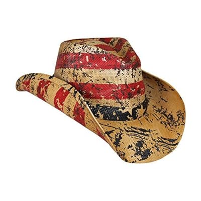 American Tea Stained Cowboy Hat, Vintage Straw USA Cowboy Hat with Stars &amp; Stripes