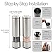 Pro Kitchen Life Battery Operated Salt and Pepper Grinder Set - Pack of 2 Mills - Durable Stainless Steel with Holder Tray - Adjustable Ceramic Coarseness with LED Light and Caps at Bottom