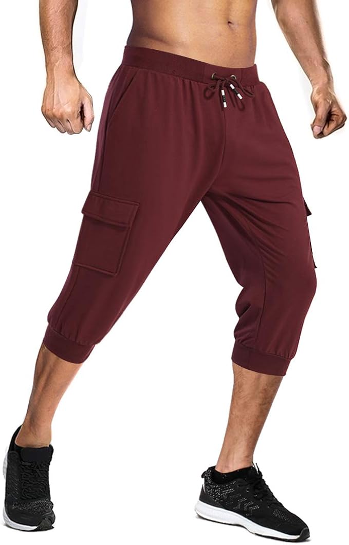 CRYSULLY Men's 3/4 Capri Pants Cotton Below Knee Shorts with 4 Pockets
