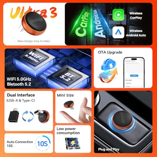 Carlinkit Mini Ultra 3: Upgrade to Wireless CarPlay & Android Auto Instantly, Fast 5GHz WiFi No-Lag Connection, Retains Original Car Knob/Button Controls (New Generation）