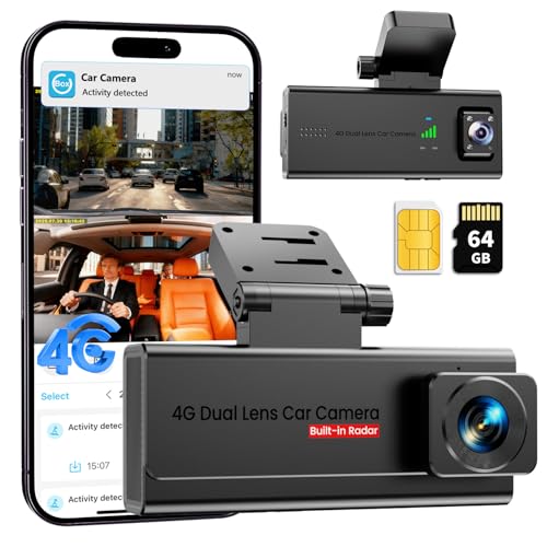 4G LTE Dash Cam with Front & Cabin, Vandalism Car Camera with 24/7 Parking, AI Radar Alerts and Live Video via App, Two-Way Audio, SD/Cloud, GPS, for NCC, Fleets and Families