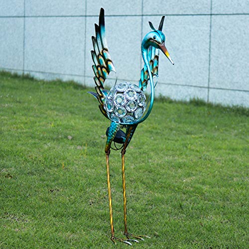 Kircust Garden Crane Standing Yard Art Ornaments Statue, Outdoor Metal&Glass Heron Bird Sculpture Waterproof Solar Powered LED Lights for Backyard Lawn Patio Walkway and Home Decor, Blue&Gold, 26-Inch
