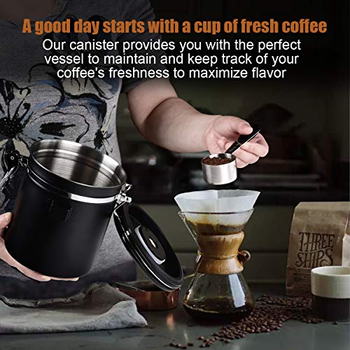 Coffee Container Airtight Stainless Steel Storage Canister with Built-in CO2 Valve, Measuring Scoop and Brush - Black