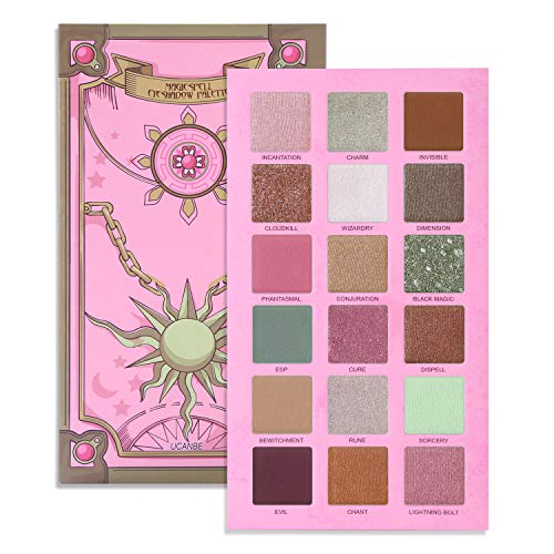 UCANBE Magic Spell Eyeshadow Palette With Soft Nylon Hair Quicksand Brushes Makeup Set Pigmented Shimmer Matte Pressed Metallic Glitter Pink Green Nude Blendable Eye Shadow Brush Bundle Kit