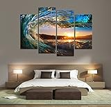 Cao Gen Decor Art-S70448 4 panels Wall Art Waves Painting on Canvas Stretched and Framed Canvas Paintings Ready to Hang for Home Decorations Wall Decor