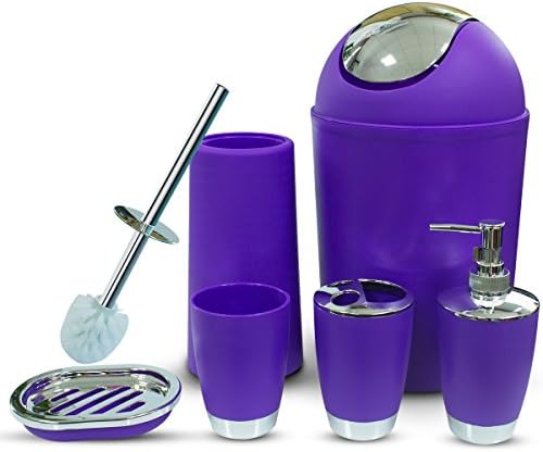 RGUSEN Purple Bathroom Accessory Set Complete,6 Piece Plastic Luxury Bath Accessories Bath Set, Lotion Dispenser, Toothbrush Holder, Tumbler Cup, Soap Dish, Trash Can, Toilet Brush Set