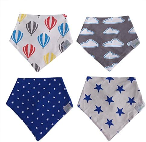 Baby Bandana Bibs (Pack of 4) Super Absorbent for Drooling and Feeding, Strong and Soft, Comfortable and Stylish Designs, 3 Adjustable Sizes (Blue Stars, Balloon &amp; Clouds)