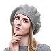Women Wool Beret - Real Silver Fox Fur Pom Pom Beanies Winter Knit Cashmere Hats (Soft Grey)