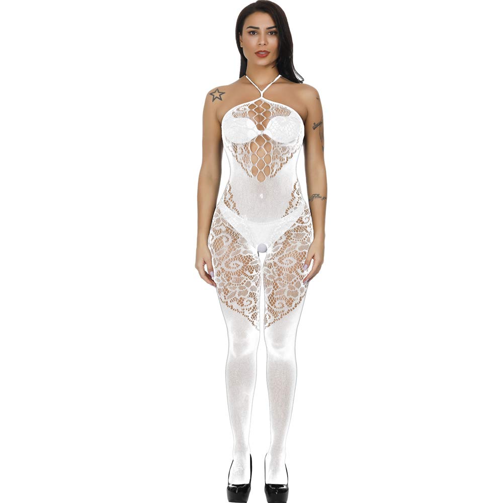 Papapai Fishnet Underwear Bodysuit Women's Hollow Hole Wearing Perspective Mini Dress Suspender Skirt Pajamas (White)