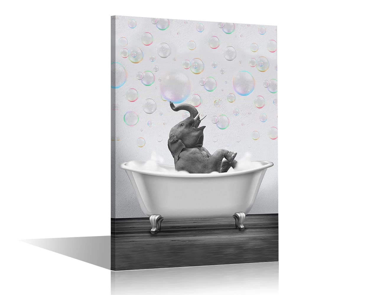 Large Canvas Wall Art for Bathroom Bedroom Funny Animal Elephant with Bubble in Bathtub Giclee Print Painting Stretched on Canvas Framed Artwork Ready to Hang 24x36inch (60x90cm) — image 1