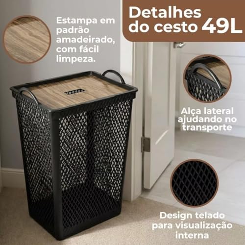 Cesto De Roupas Telado 49 Litros Com Tampa Basculante Estilo Madeira Multiuso