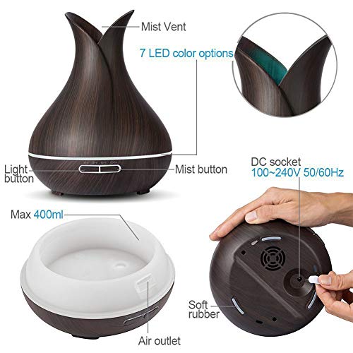 Leoie 400ML Wooden Grain Aroma Essential Oil Diffuser Mist Humidifier Aromatherapy Diffuser with Remote Control for Home Mist Maker Dark Wood Grain European regulations