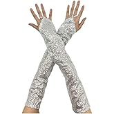 Fashion Long Sequins Lace Fingerless Gloves Sparkly Gloves for Glitter Rave Party Costume Performances Wedding Evening Prom