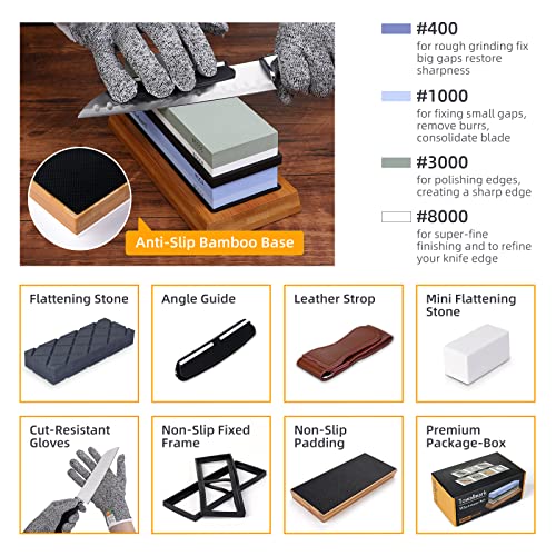 Towallmark Knife Sharpening Stone Kit 4 Side Grit 400/1000 3000/8000, 9 Pack Professional Complete Kitchen Whetstone Set with Anti-Cut Gloves, Flattening Stone