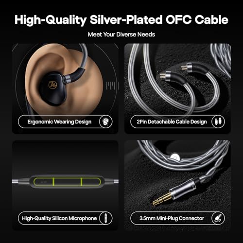 Linsoul 7HZ G1 In-Ear Monitor,Cuffie IEM con Diaframma Dinamico DLC da 10 mm,Auricolari da Gaming con Cavo Placcato Argento OFC Staccabile per Musicisti Audiofili (3.5mm Con Mic, Nero)