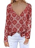 MIHOLL Women's Casual Boho Tops Long Sleeve V Neck Chiffon Floral Blouse Loose Shirts (Large, Red)