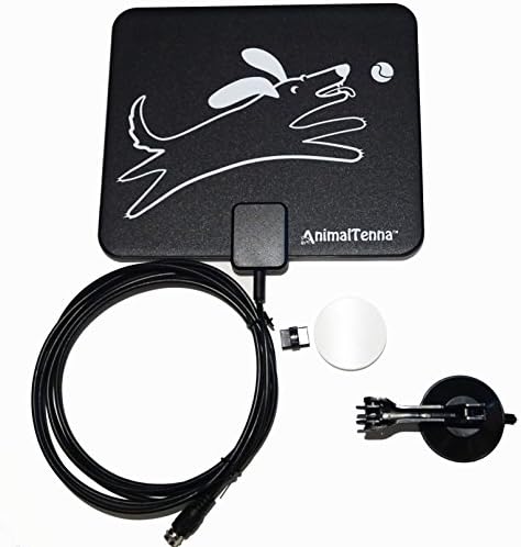 Indoor HDTV Antenna, 100% Free High Definition Local TV Stations, 40 Mile Range, AnimalTenna Has Fun Dog Illustration w/ Reversible Black &amp; White Sides, Three Mounting Options (Wall, Stand or Window)