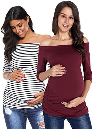 AnnAnn Womens Maternity Tunic Tops Off Shoulder 3/4 Sleeve Classic Side Ruched T-Shirt Pregnancy Clothes,Wine Red White Black Stripe,X-Large