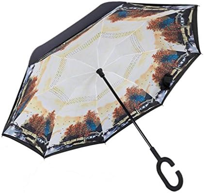 ADJOY9 Inverted/Reverse Double Layer Pongee Cloth Rain Umbrella for Car and Outdoor - Maple woods