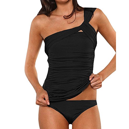 Huiyuzhi Women's One Shoulder Ruched Tankini Bikini Set Swimsuit,Black,X-Large