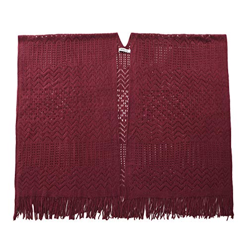 Knit Shawl Wrap for Women Capes Ladies Knitted Scarf Tassel Open Poncho Cardigan (Wine Red) - Thumbnail 3