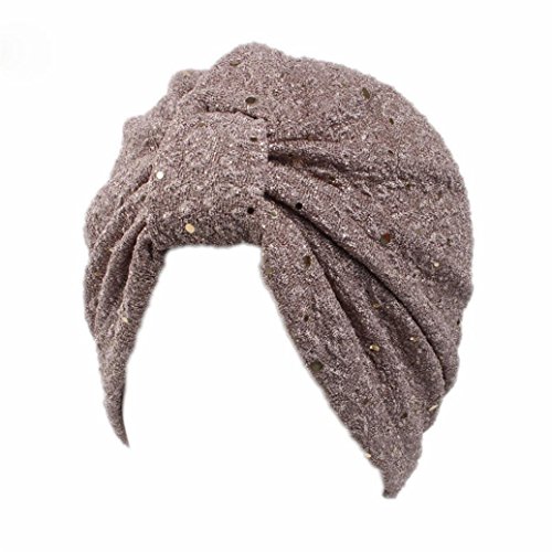 SUKEQ Twist Pleated Ruffle Turban Hat Sparkly Sequin Stretch Hair Wrap Chemo Cap Scarf Headwear for Cancer Patients (Gray)